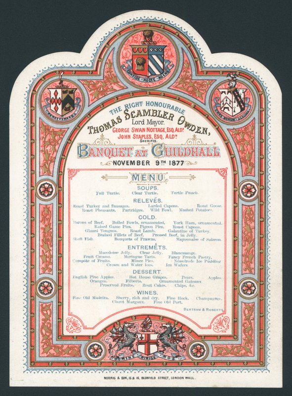 Bankett i Guildhall, 9 november 1877, meny av English School