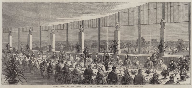 Bankett ges på Crystal Palace av Sir Joseph och Lady Paxton (gravyr) av English School