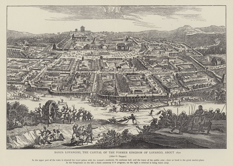 Banza Lovangiri, huvudstaden i det tidigare kungariket Lovango, cirka 1670 (foto) av English School