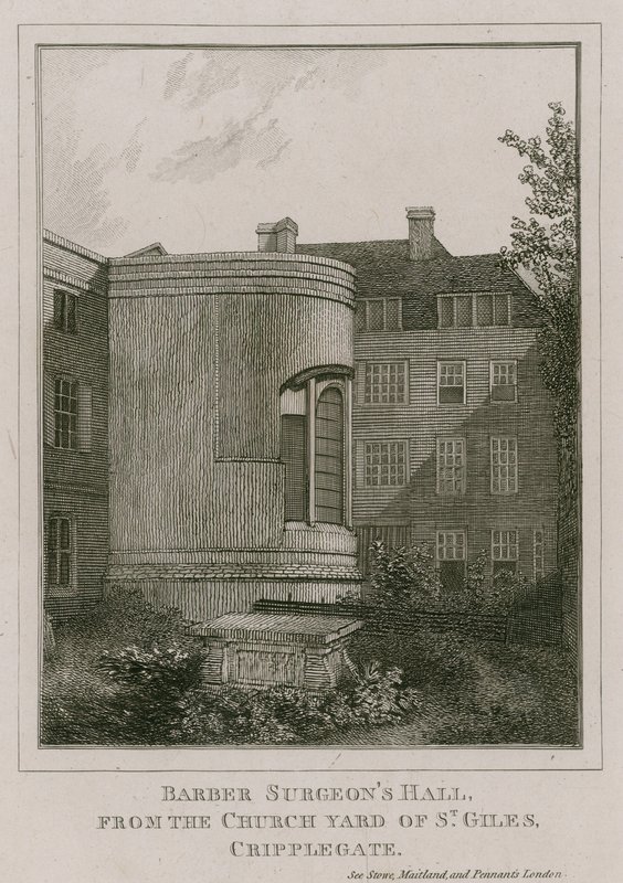 Barber Surgeons Hall, Monkwell Street, London, sett från kyrkgården i St Giles, Cripplegate av English School