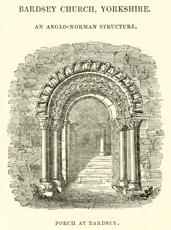 Bardsey Church, Yorkshire, en anglo-normansk struktur, veranda vid Bardsey av English School