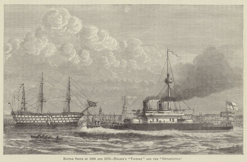 Slagskepp från 1800 och 1875, Nelsons "Victory" och "Devastation" (gravyr) av English School