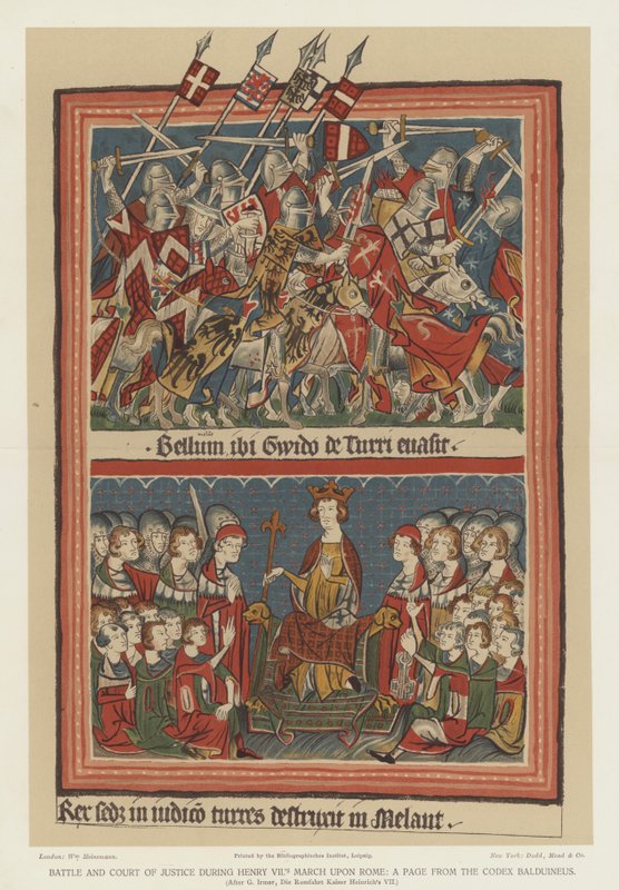 Slag och domstol under Henrik VII:s marsch mot Rom (färglitografi) av English School
