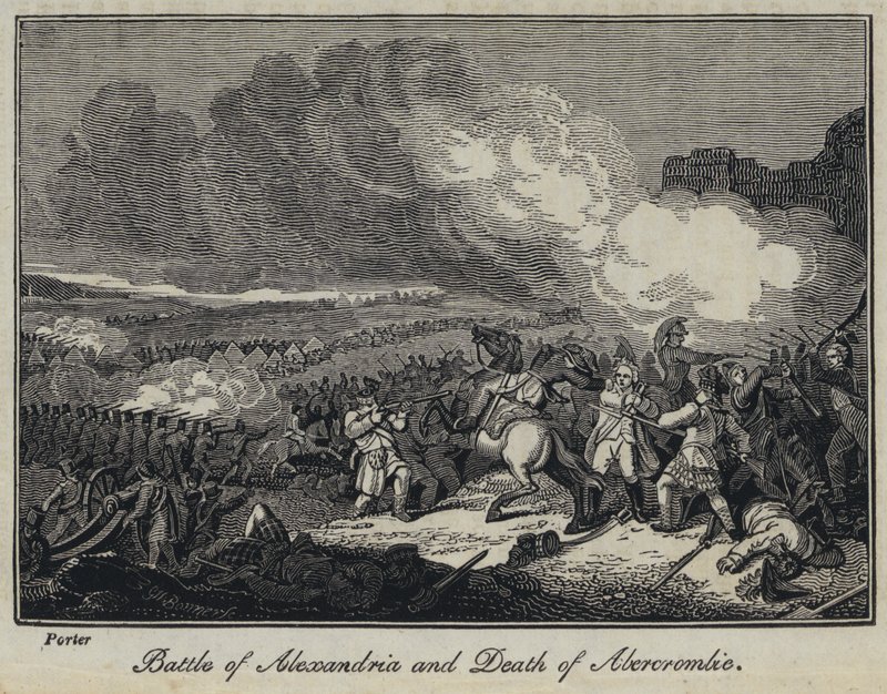 Slaget vid Alexandria och Death of Abercrombie (gravyr) av English School