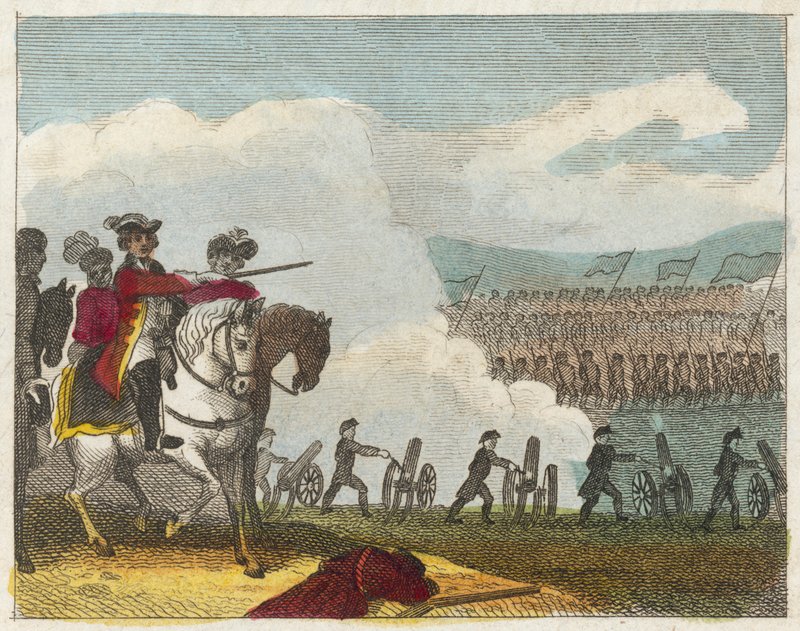 Slaget vid Culloden (kolorerad gravyr) av English School