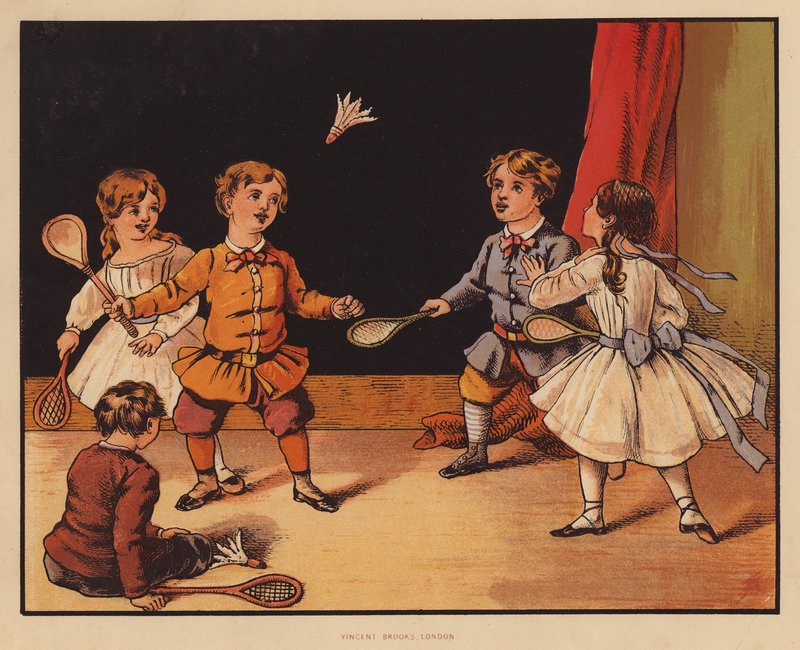 Battledore och fjäderboll (färglitografi) av English School