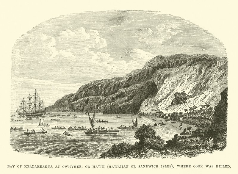 Bay of Kealakeakua vid Owhyhee, eller Hawii, Hawaiian eller Sandwich Isles, där Cook dödades av English School