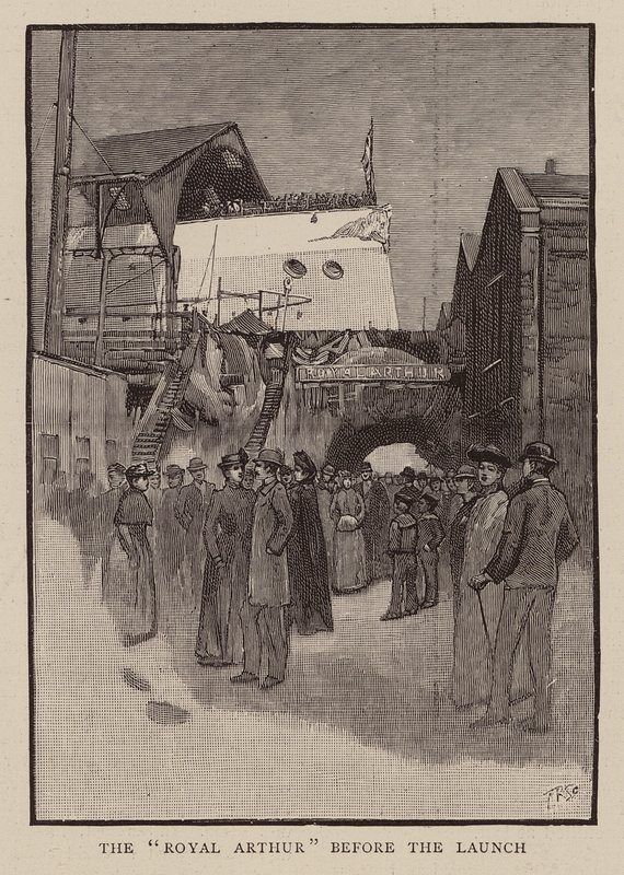 Före sjösättningen av HMS Royal Arthur (gravyr) av English School