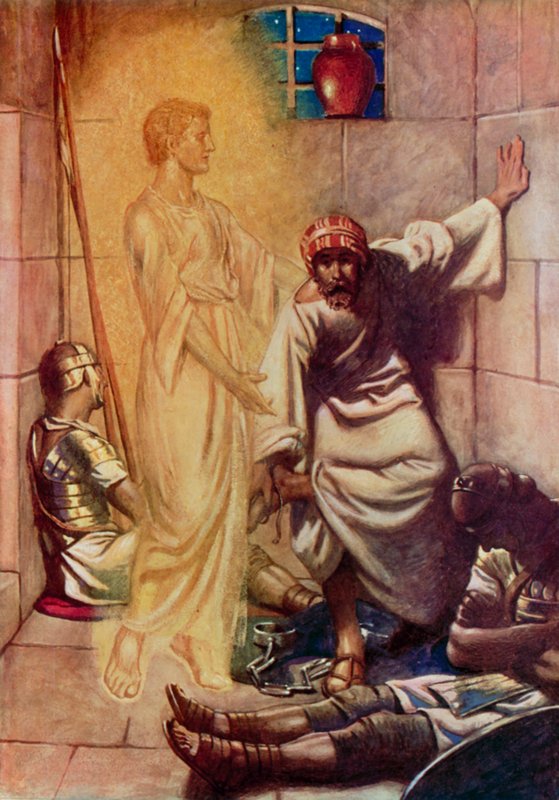 Se, Herrens ängel kom över honom, och ett ljus lyste i fängelset, St Peter, Apostlagärningarna XII, 7 (färg litho) av English School