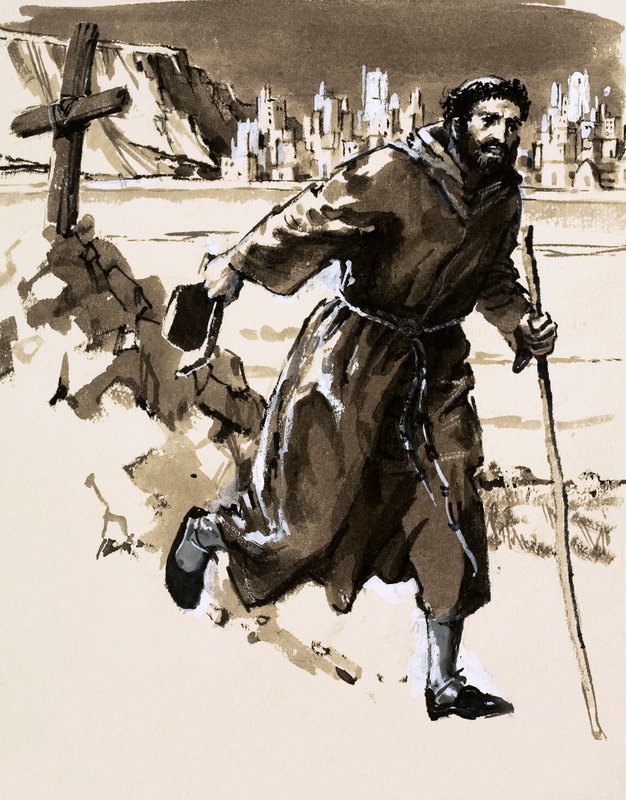 En broder som trodde att han hade upptäckt El Dorado reste ett kors för att göra anspråk på den lysande staden (gouache på papper) av English School