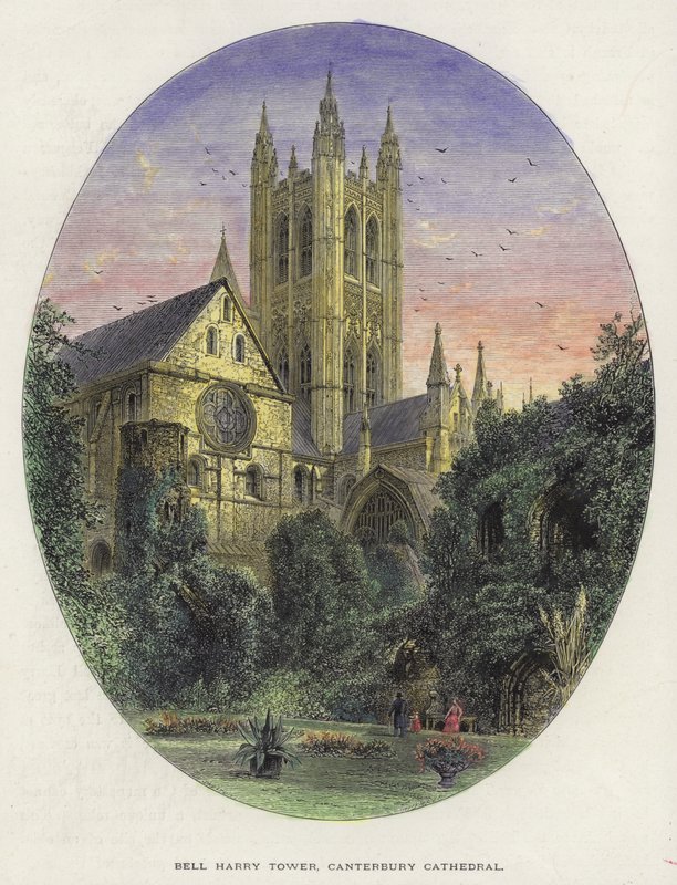 Bell Harry Tower, Canterbury Cathedral, Kent (färgad gravyr) av English School