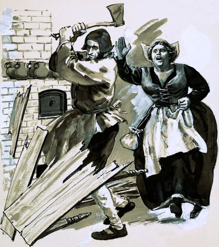 Bernard Palissy höll igång sina ugnar genom att hugga upp sina möbler och golvbrädor (gouache på papper) av English School