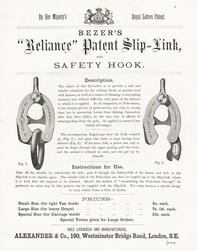 Bezers Reliance Patent Slip-Link och säkerhetskrok av English School