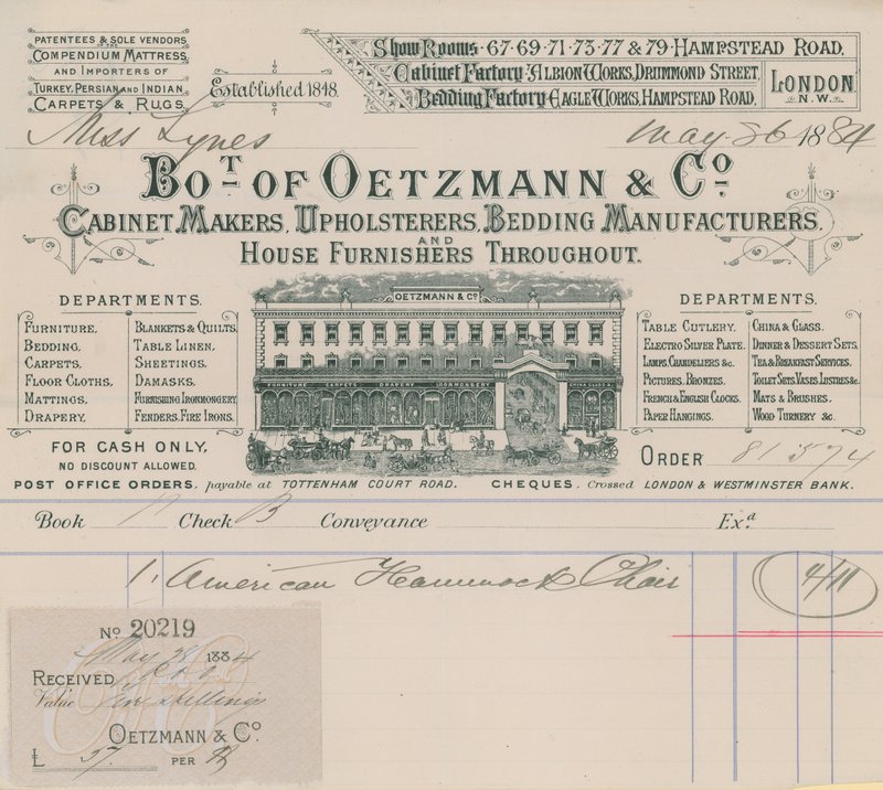 Bill från Oetzmann & Co, möbelsnickare, tapetserare, tillverkare av sängkläder och husinredare av English School
