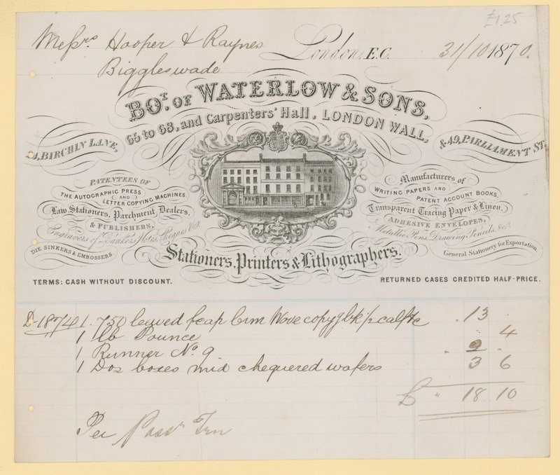 Bill från Waterlow and Sons, 66-68 Carpenters Hall, London Wall, brevpapper av English School