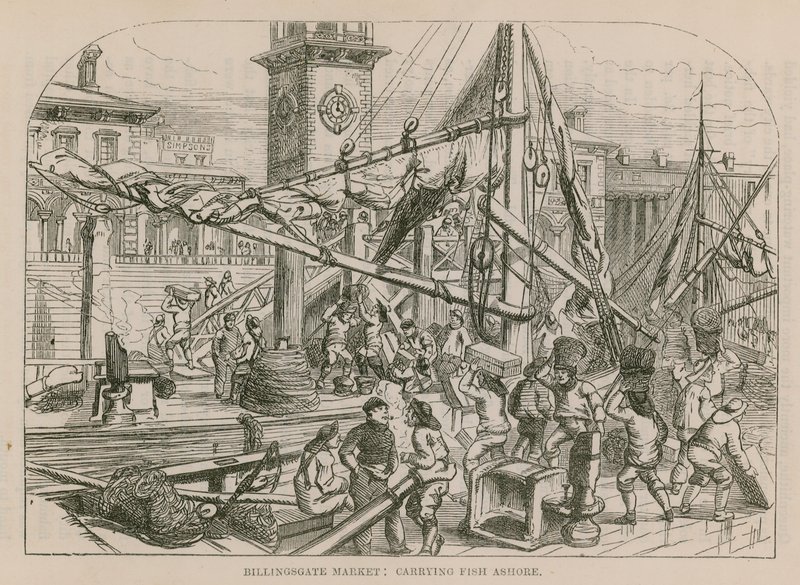 Billingsgate Market, bär fisk i land av English School