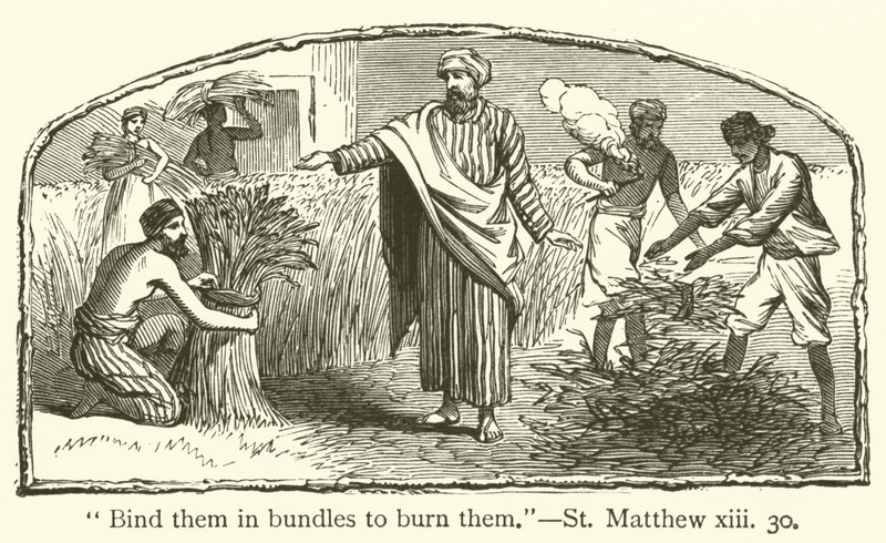 "Bind dem i buntar för att bränna dem", St Matteus, xiii, 30 (gravyr) av English School