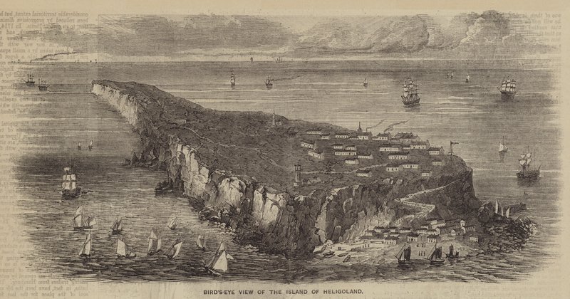 Fågelperspektiv över ön Helgoland (gravyr) av English School