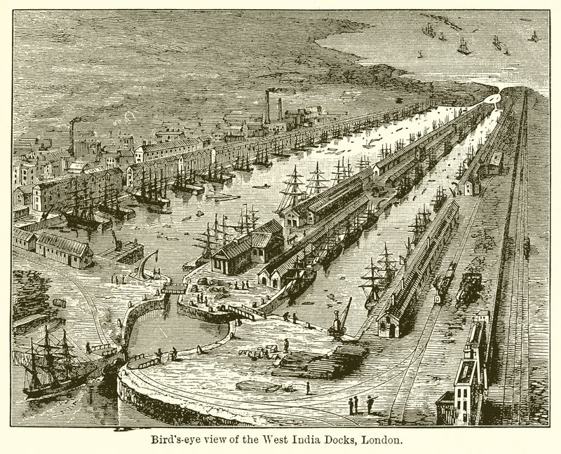 Fågelperspektiv över West India Docks, London av English School