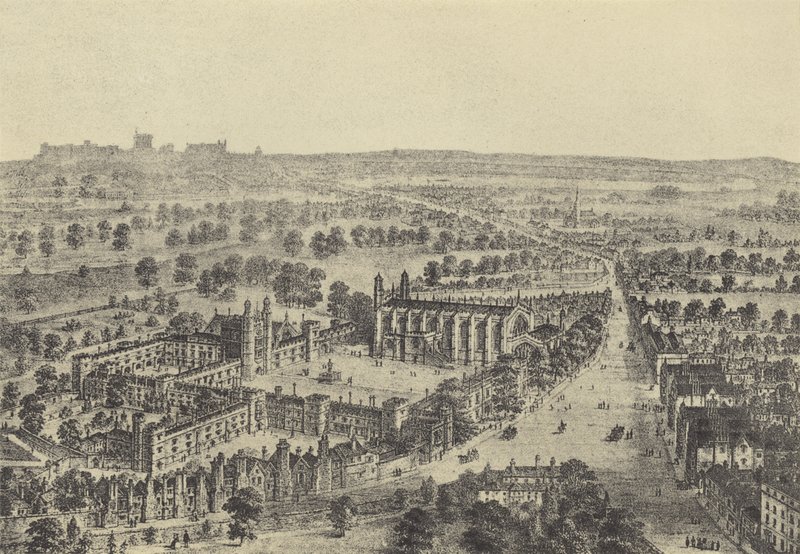 Fågelperspektiv av Eton och Windsor (gravyr) av English School
