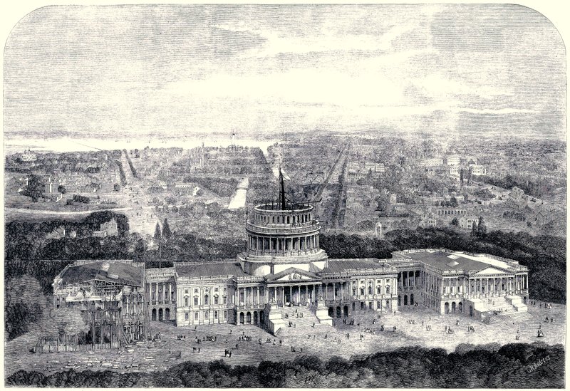 Fågelvy över staden Washington 1861, med Capitol under uppbyggnad i förgrunden [Digitalt rensad version] av English School