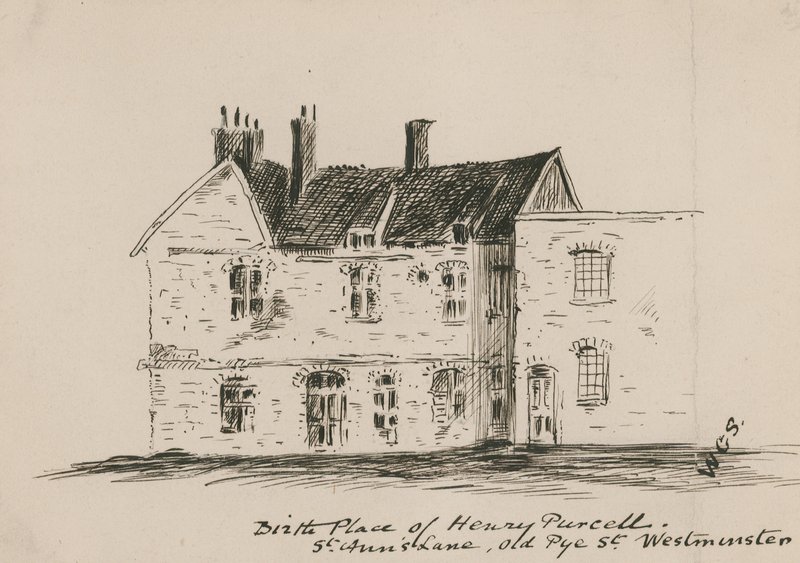 Henry Purcells födelseplats, St Anns Lane, Old Pye Street, Westminster (bläck på papper) av English School