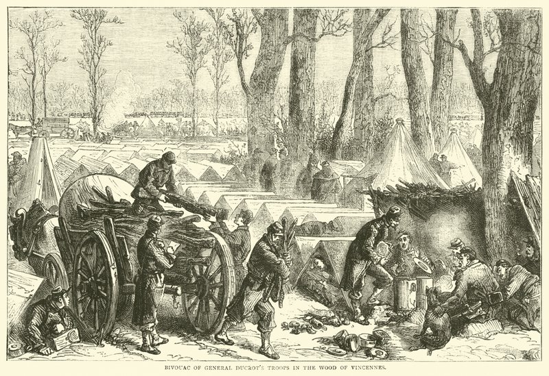Bivack av General Ducrots trupper i skogen i Vincennes, oktober 1870 av English School
