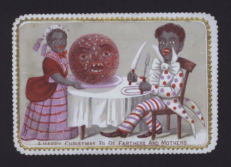 Svart par som önskar A Happy Christmas to De Farthers and Mothers (färg litho) av English School