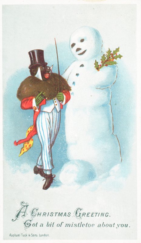 Svart man pratar med snögubbe, julkort av English School