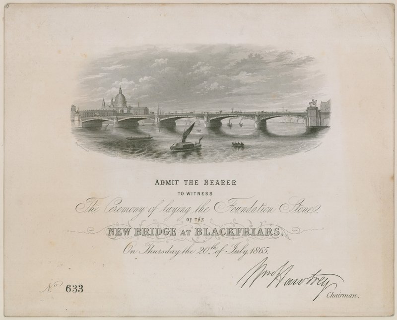 Blackfriars Bridge. Inbjudan till ceremoni för nedläggning av grundstenen, 20 juli 1865 av English School