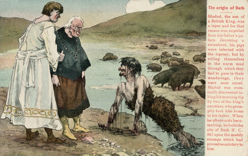 Bladud, en legendarisk kung av britterna som sades ha grundat staden Bath (färg litho) av English School