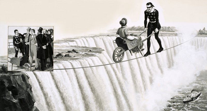 O Blondin (Francois Gravelet) o loo tuleia se uili uili i luga o se maea i luga o le Niagara Falls Seed av English School