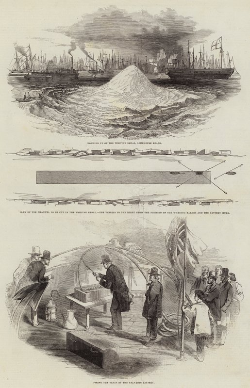Sprängning av Whiting Shoal vid Limehouse Reach (gravyr) av English School