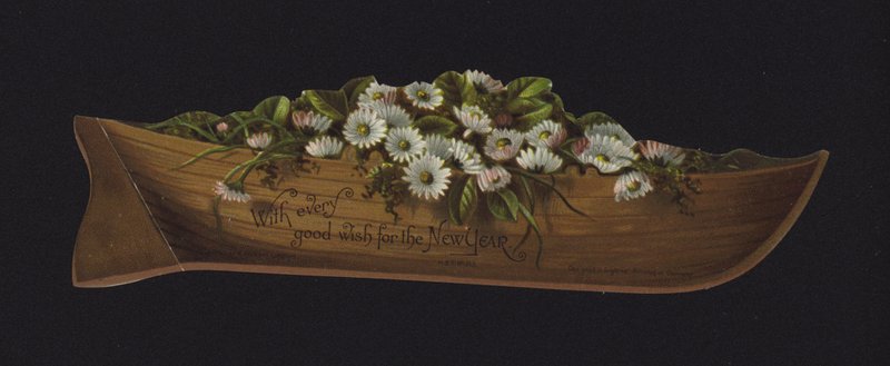 Båt fylld med prästkragar, nyårskort, sent 1800-tal eller tidigt 1900-tal (chromolitho) av English School