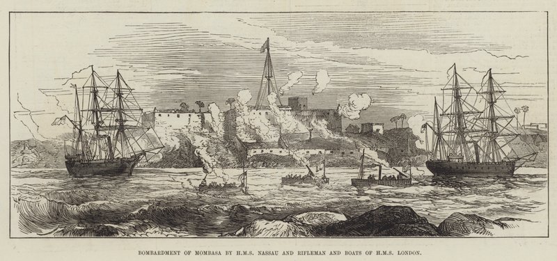 Bombardement av Mombasa av HMS Nassau och Rifleman and Boats of HMS London (gravyr) av English School