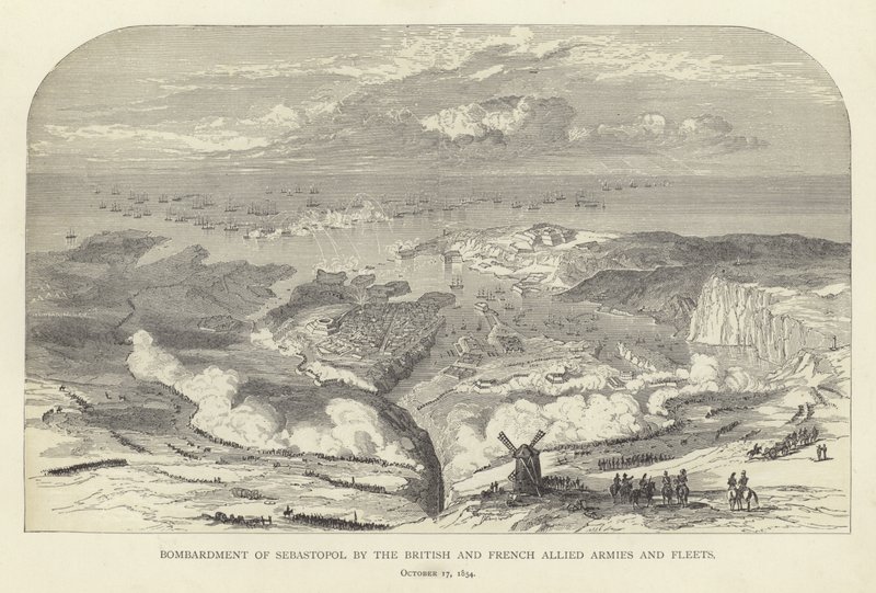 De brittiska och franska allierade arméerna och flottorna bombade Sebastopol, 17 oktober 1854 av English School