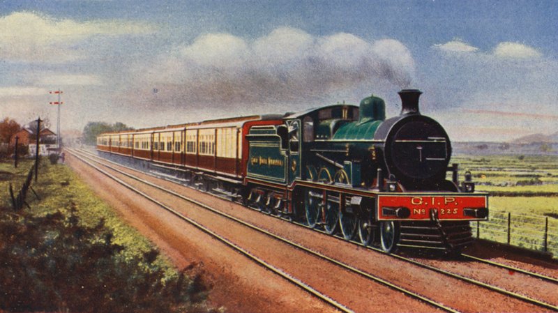 Bombay-Calcutta Mail på Great Indian Peninsula Railway (färglitografi) av English School