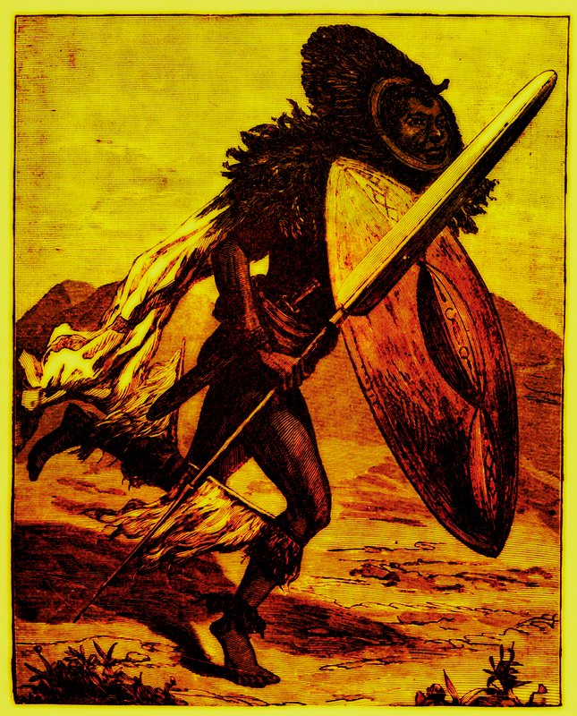 Bongo warrior, illustration från The Story of Man av J. W. Buel, publicerad 1889 (digitalt förbättrad bild) av English School