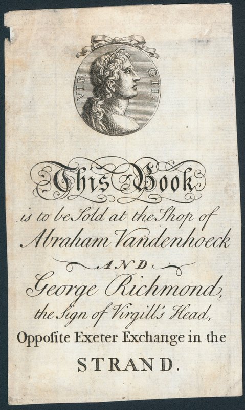 Boktallrik, den här boken ska säljas i Abraham Vandenhoecks och George Richmonds butik av English School