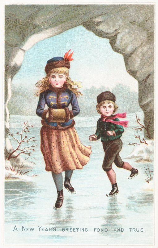 Pojke och flicka skridskoåkning, nyårskort av English School