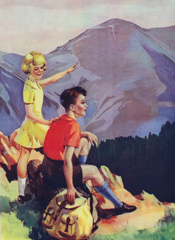 Pojke och flicka vandrar i bergen (färg litho) av English School