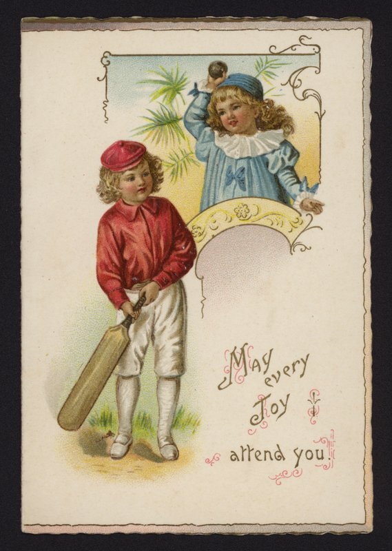 Pojke och flicka spelar cricket, gratulationskort, sent 1800- eller tidigt 1900-tal av English School