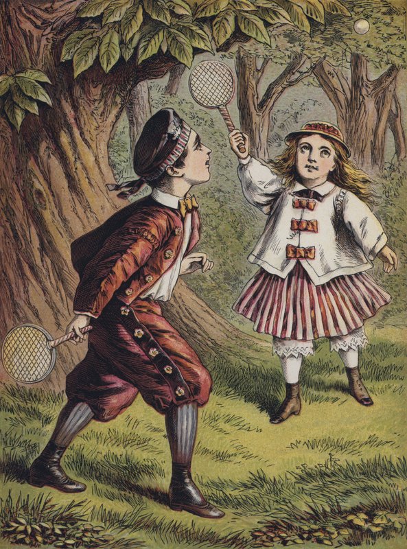 Pojke och flicka leker med slagträ och boll (färglitografi) av English School