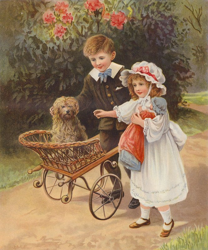 Pojke och flicka skjutsar sin hund i en vagn (chromolitho) av English School
