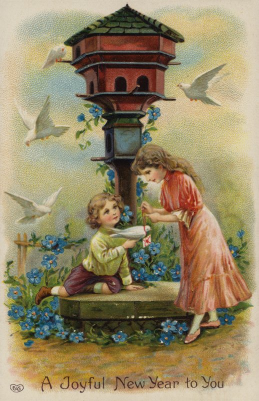 Pojke och flicka skickar julhälsningar med duva (chromolitho) av English School
