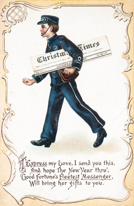 Pojke leverans Christmas Times tidning, julkort av English School