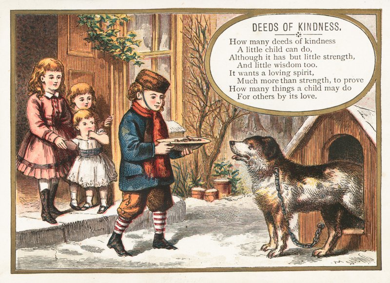 Pojke matar hund i kennel, julkort av English School