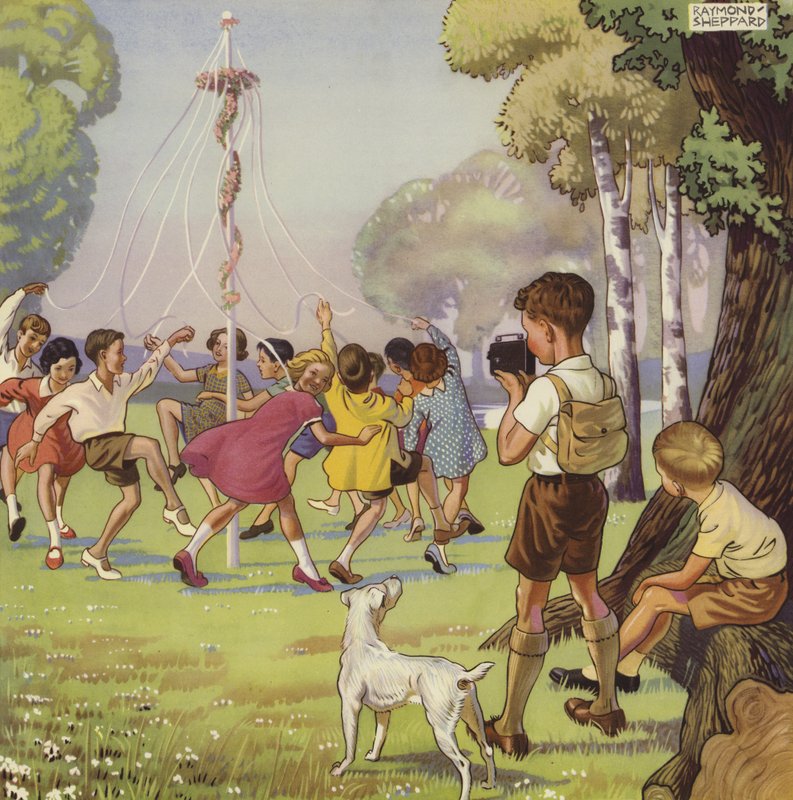 Pojke som filmar barn som dansar runt en majstolpe (litho i färg) av English School