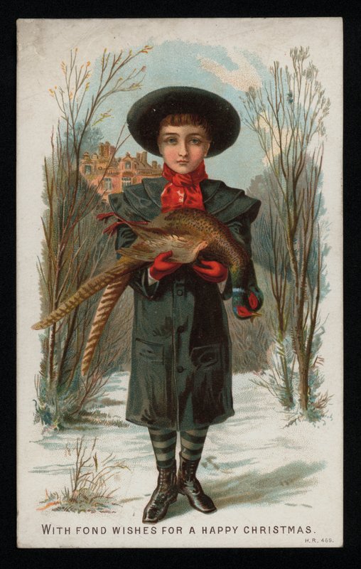 Pojke som håller en fasan, julhälsningskort. (chromolitho) av English School