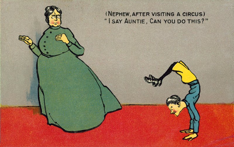 Pojke utför gymnastisk bedrift till bestörtning av moster (färg litho) av English School
